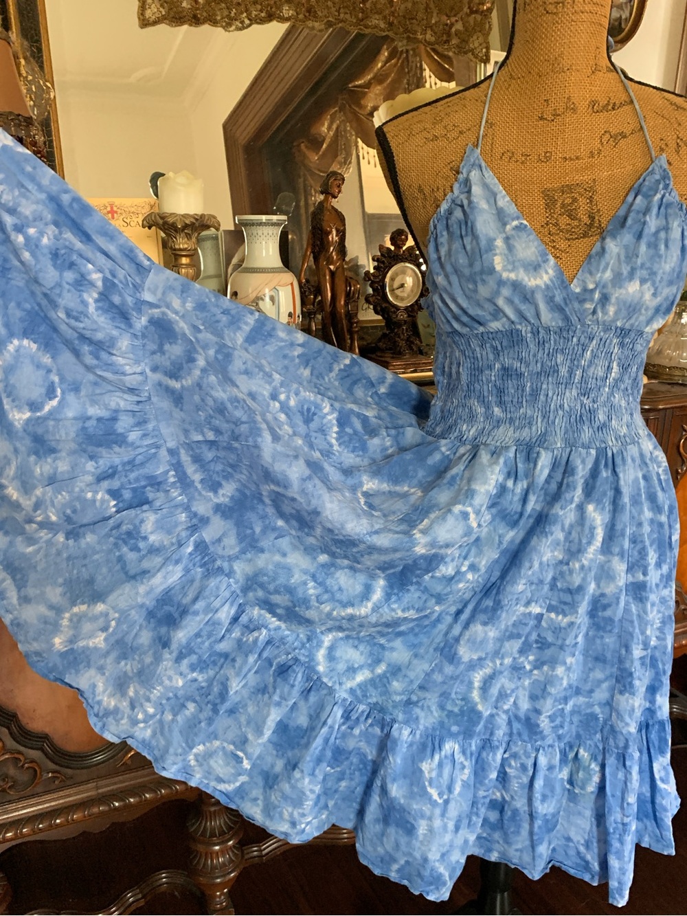 Vintage 40โs/50โs-inspo Boho Hippie Tie-dye Floral Abstract Cottagecore Dress